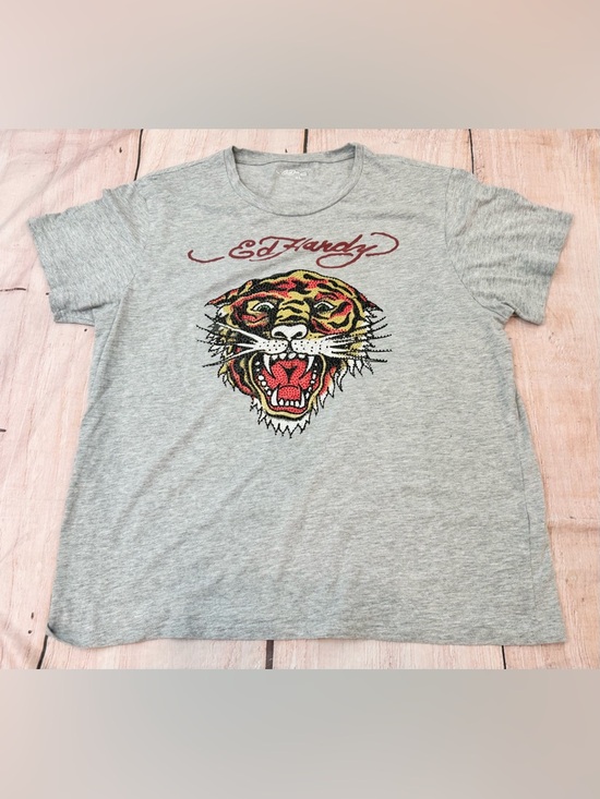 Ed Hardy Tops - Ed Hardy Tiger Graphic Mens Size XL T-shirt Rhinestone Tattoo Art Gray Y2K